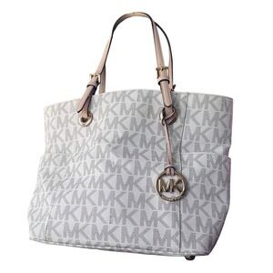 Michael Kors Jet Set Item Tote Bag White Beige Monogram Logo 30S11TTT4B 11x12x7"